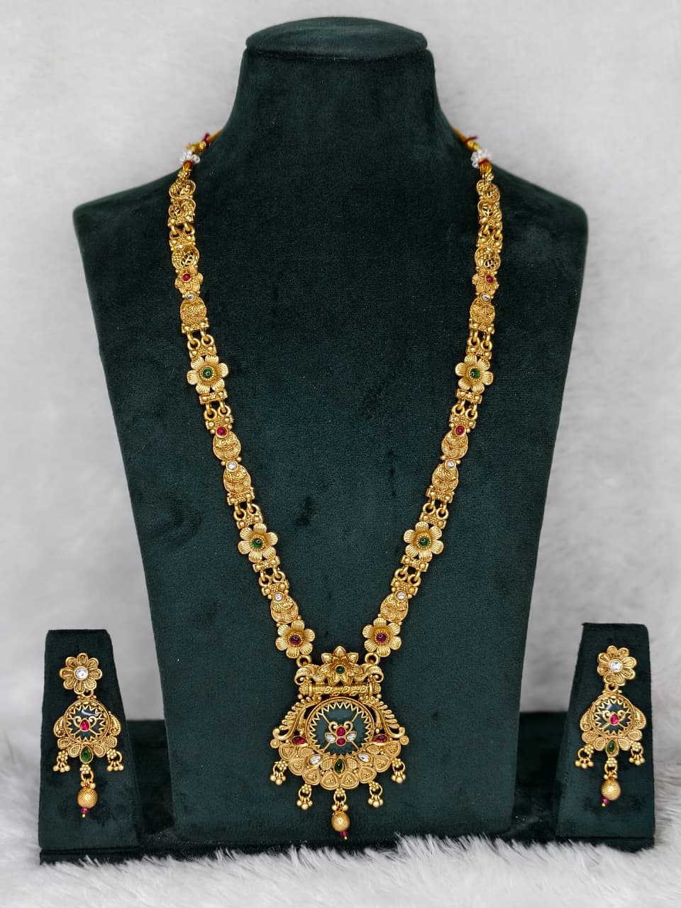 Gold Plated Matte Finish  Heritage Style Long Necklace Set