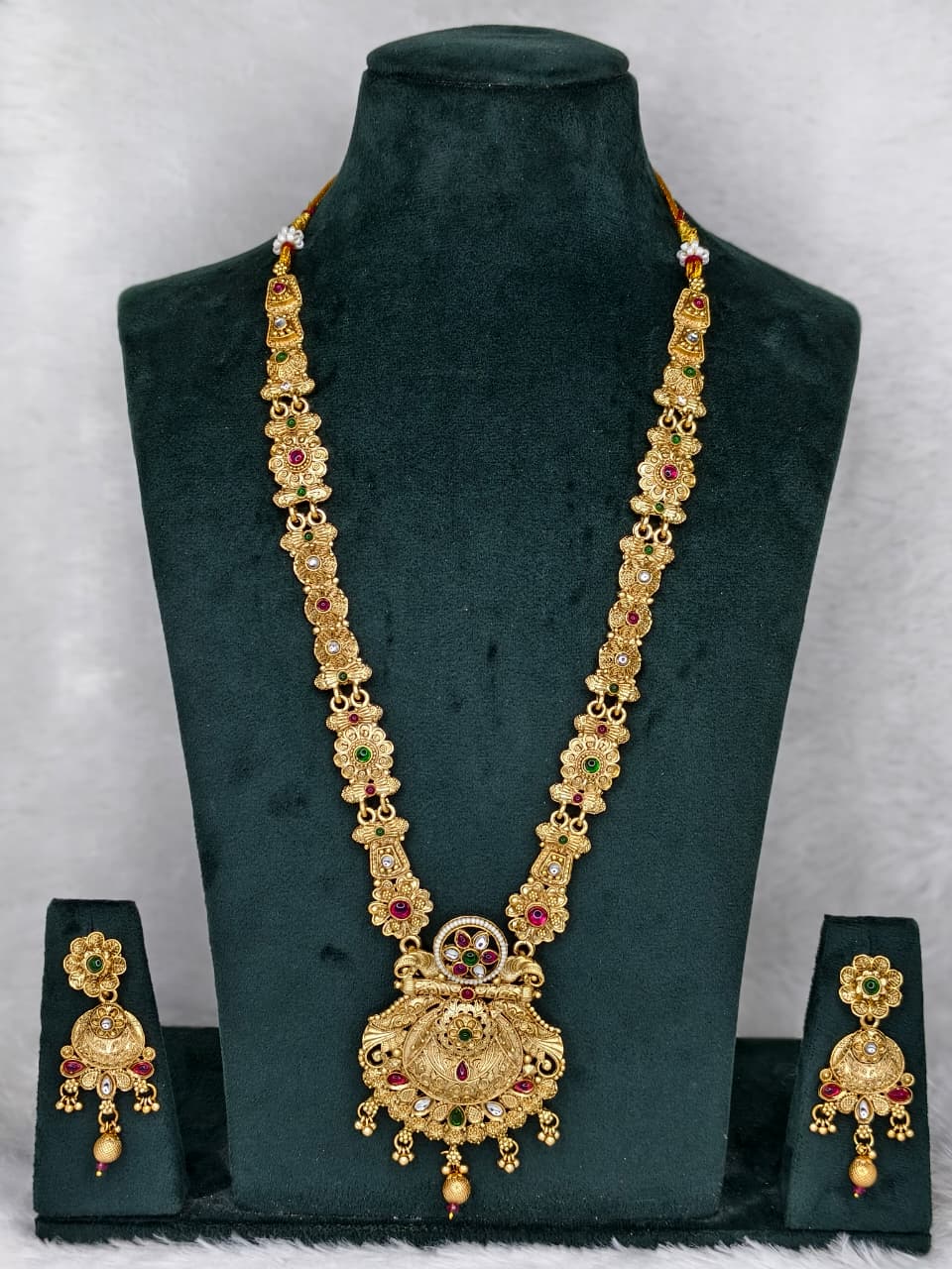 Gold Plated Matte Finish Long Necklace Set