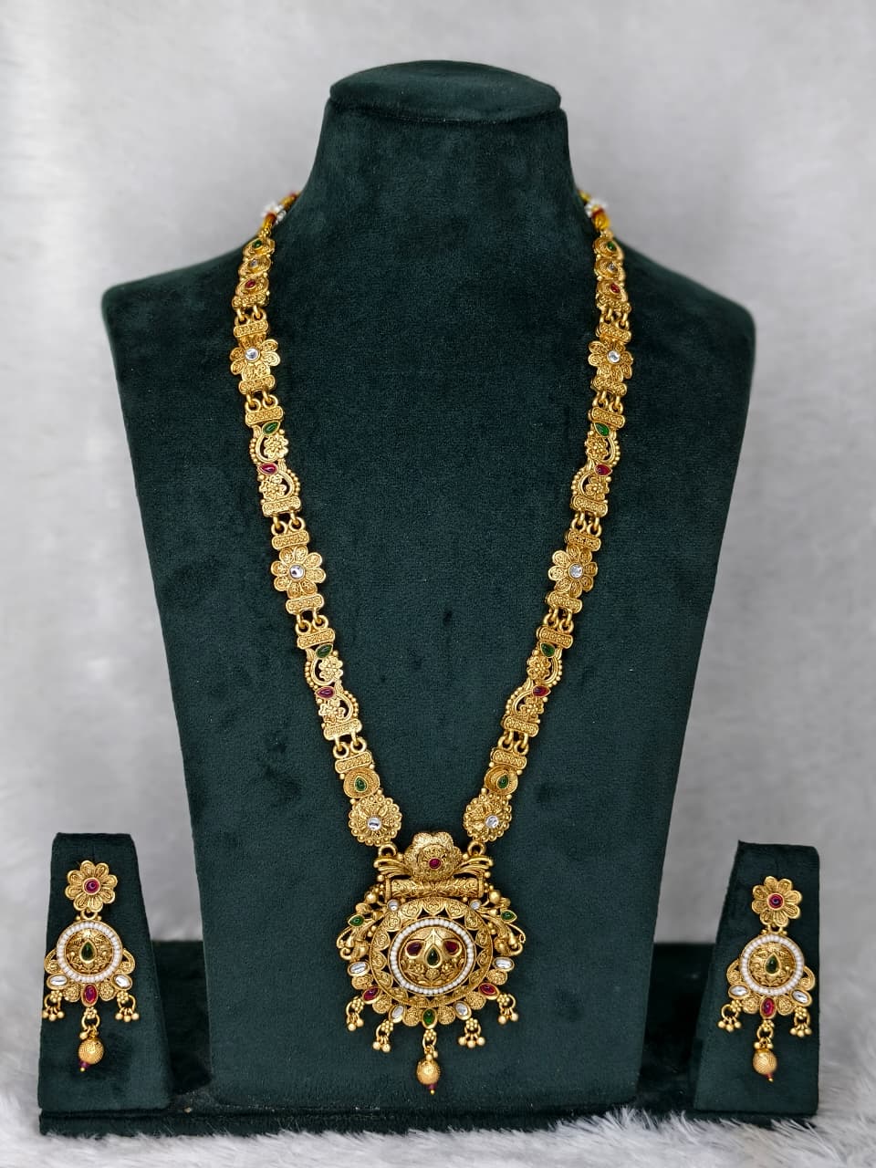 Gold Plated Matte Finish Long Necklace Set