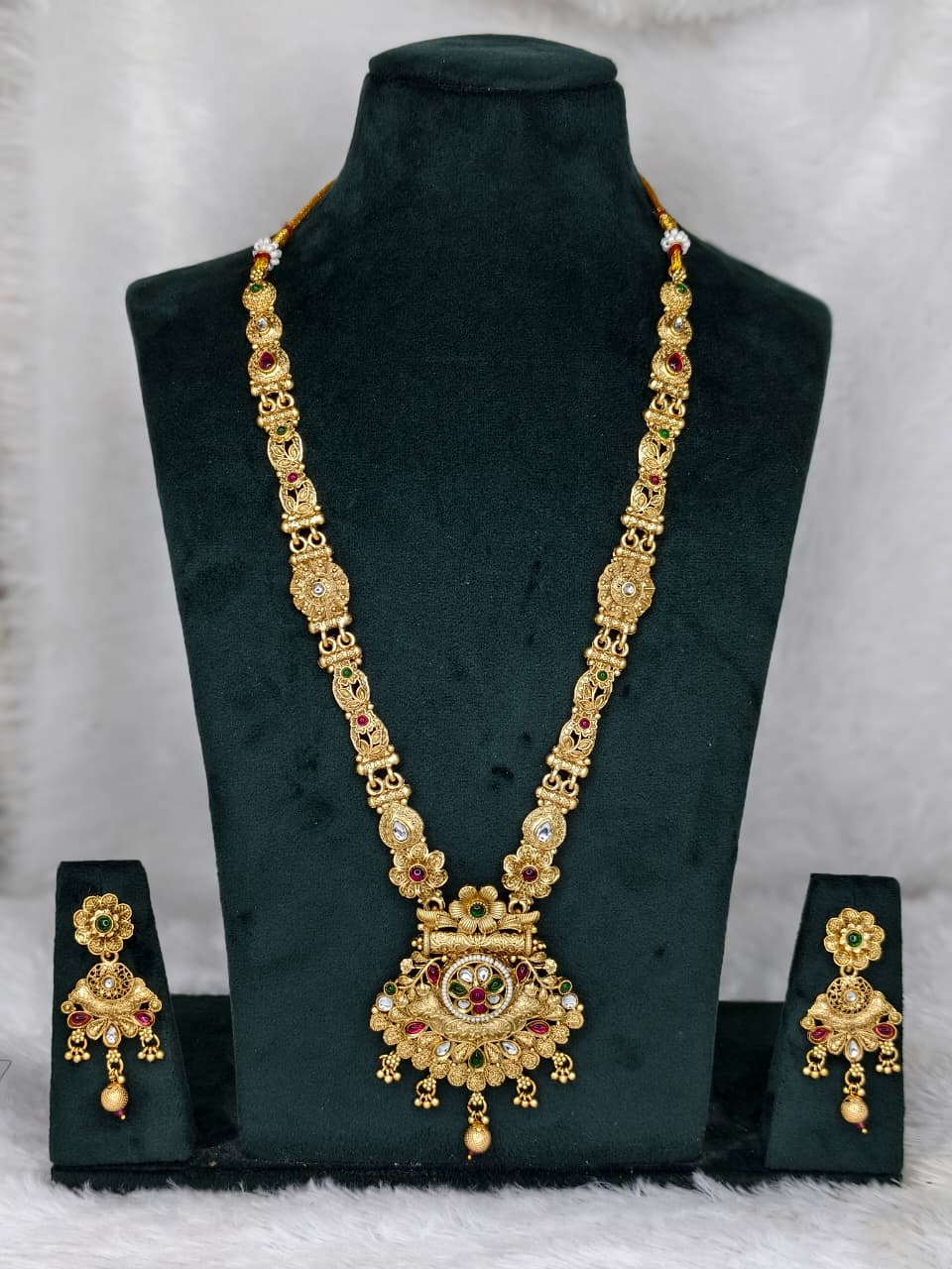 Gold Plated Matte Finish Long Necklace Set